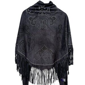 Faux Suede Shawl Western Style Fringe Black Cut Out Scarf by Curations Caravan